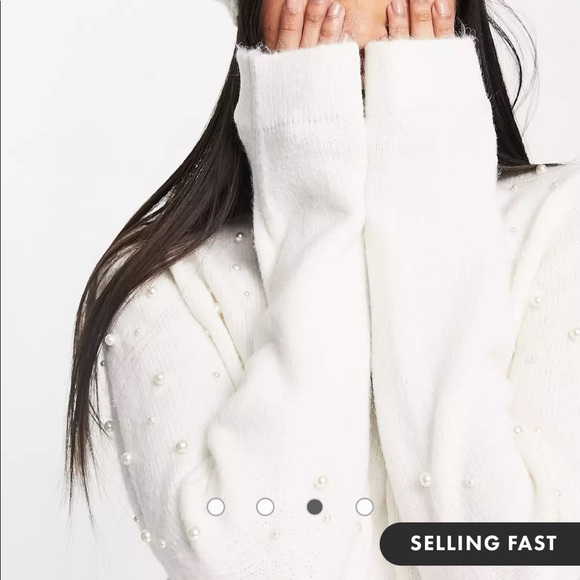 ASOS Pieces high neck pearl detail scallop sweater in cream size small - Picture 3 of 10